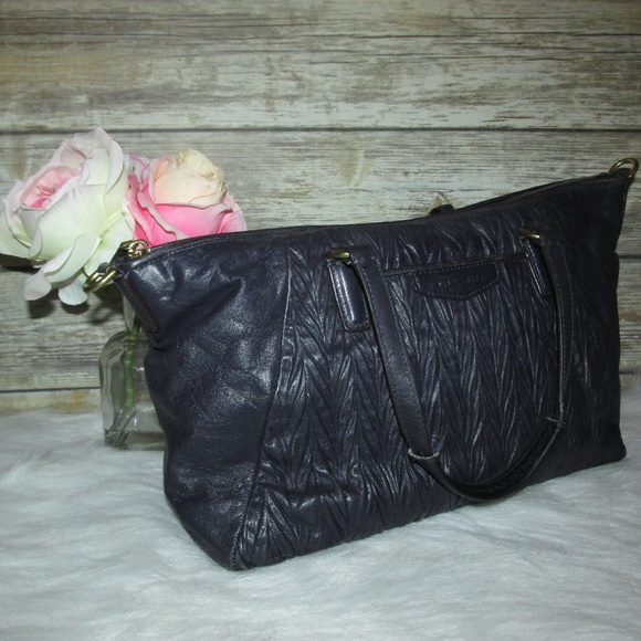 Coach Navy Blue Gathered Leather Satchel Tote - Picture 1 of 8